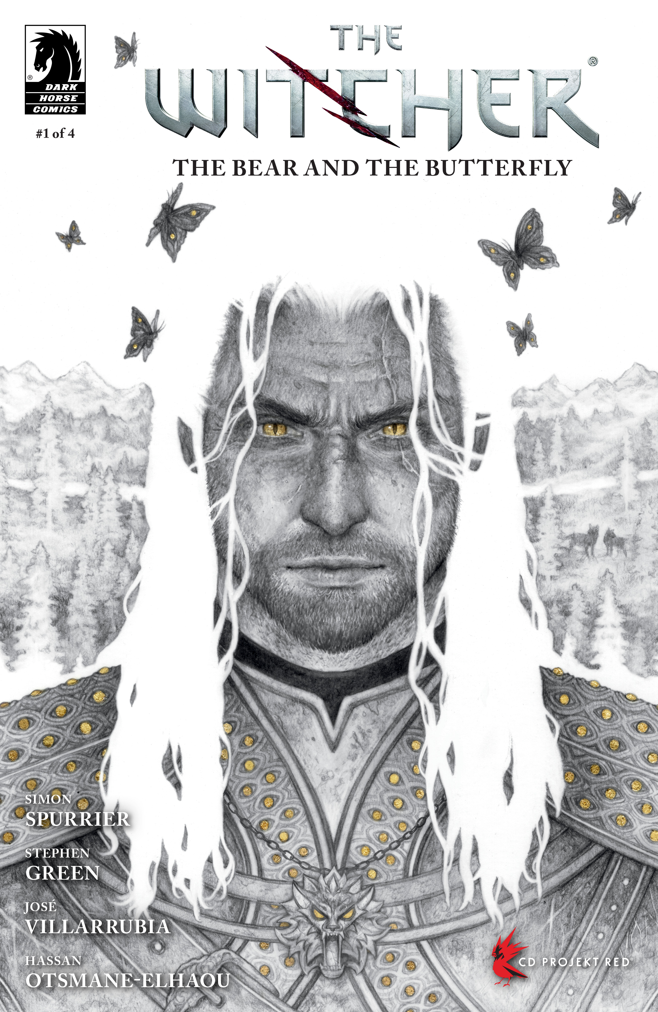 Tim Bon Rueden Variant featuring signature Pencil Art of Geralt's portrait with yellow eyes and completely white hair as butterflies flit across the top of the cover